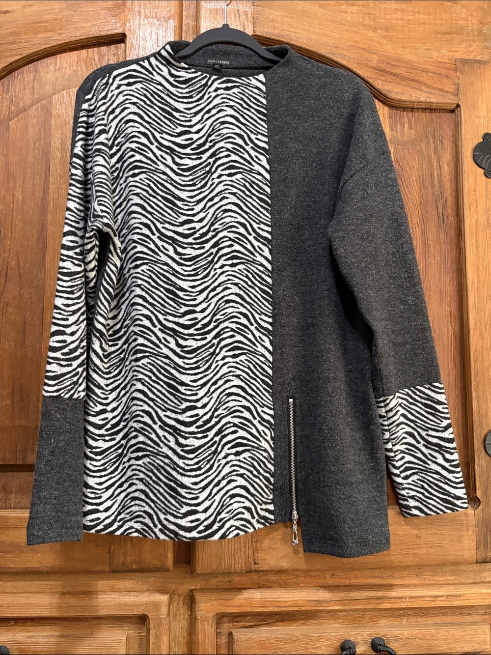 Coco + Carmen Black and White Zebra Split-Panel Crew Sweater